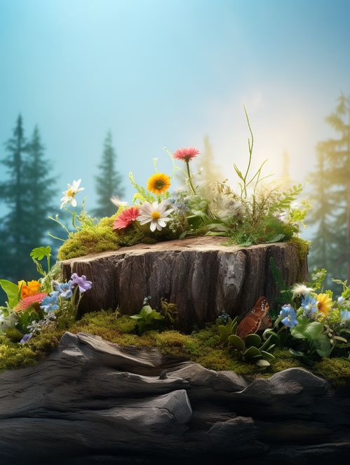 森林植物鮮花木樁 ai場景 電商背景素材 電商素材 產品背景 ai背景圖